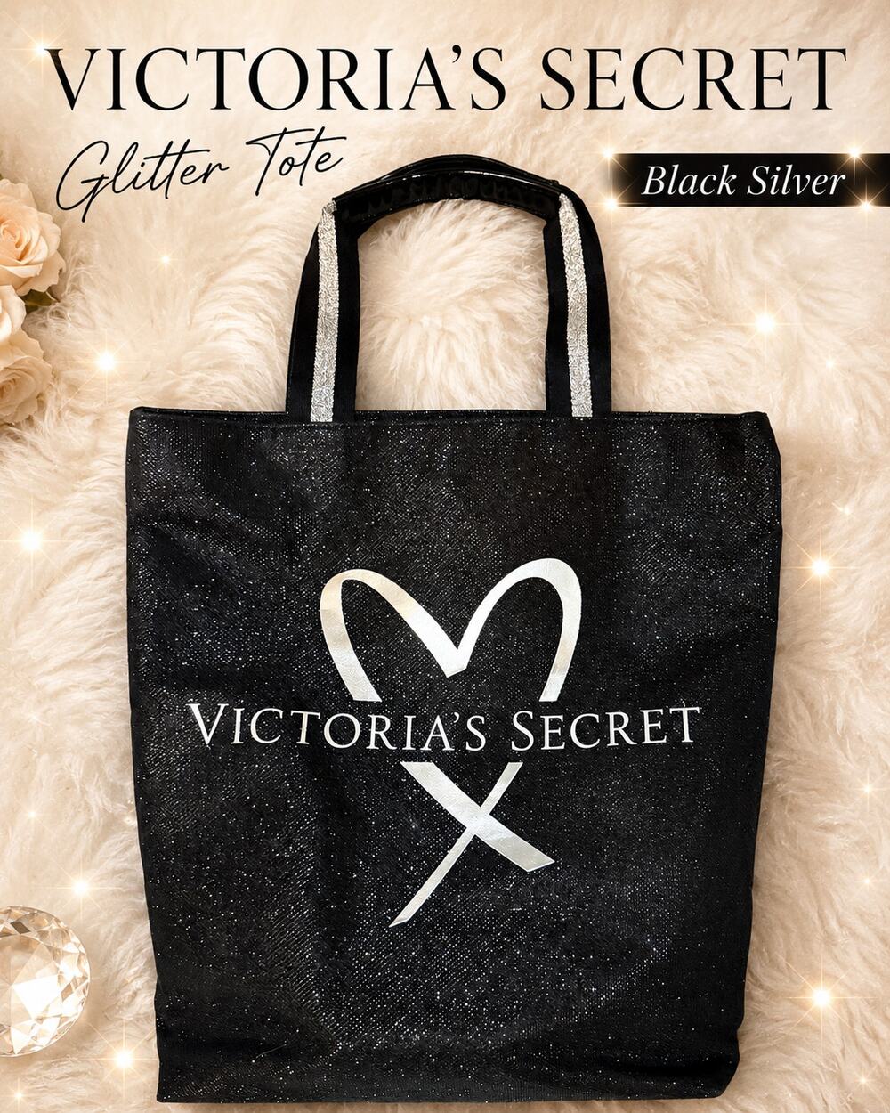Victoria’s Secret MX Black Silver Glitter Large Tote Bag Sparkle Shopper